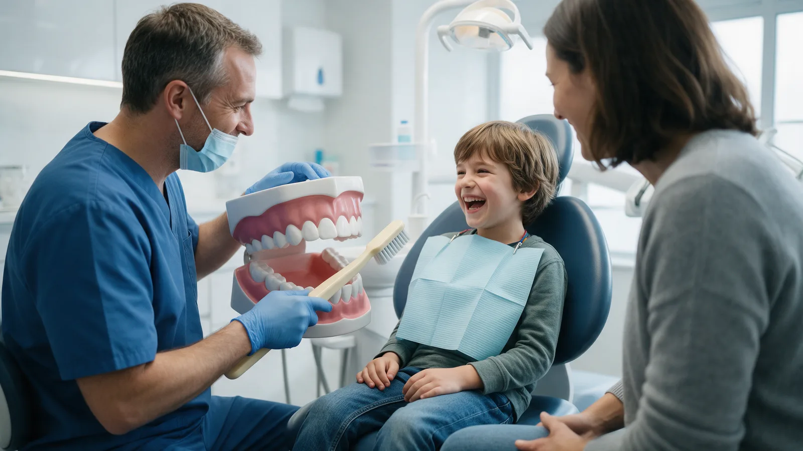 A dentist showing a laughing seven-year-old in the dental chair how to brush using a giant teeth model