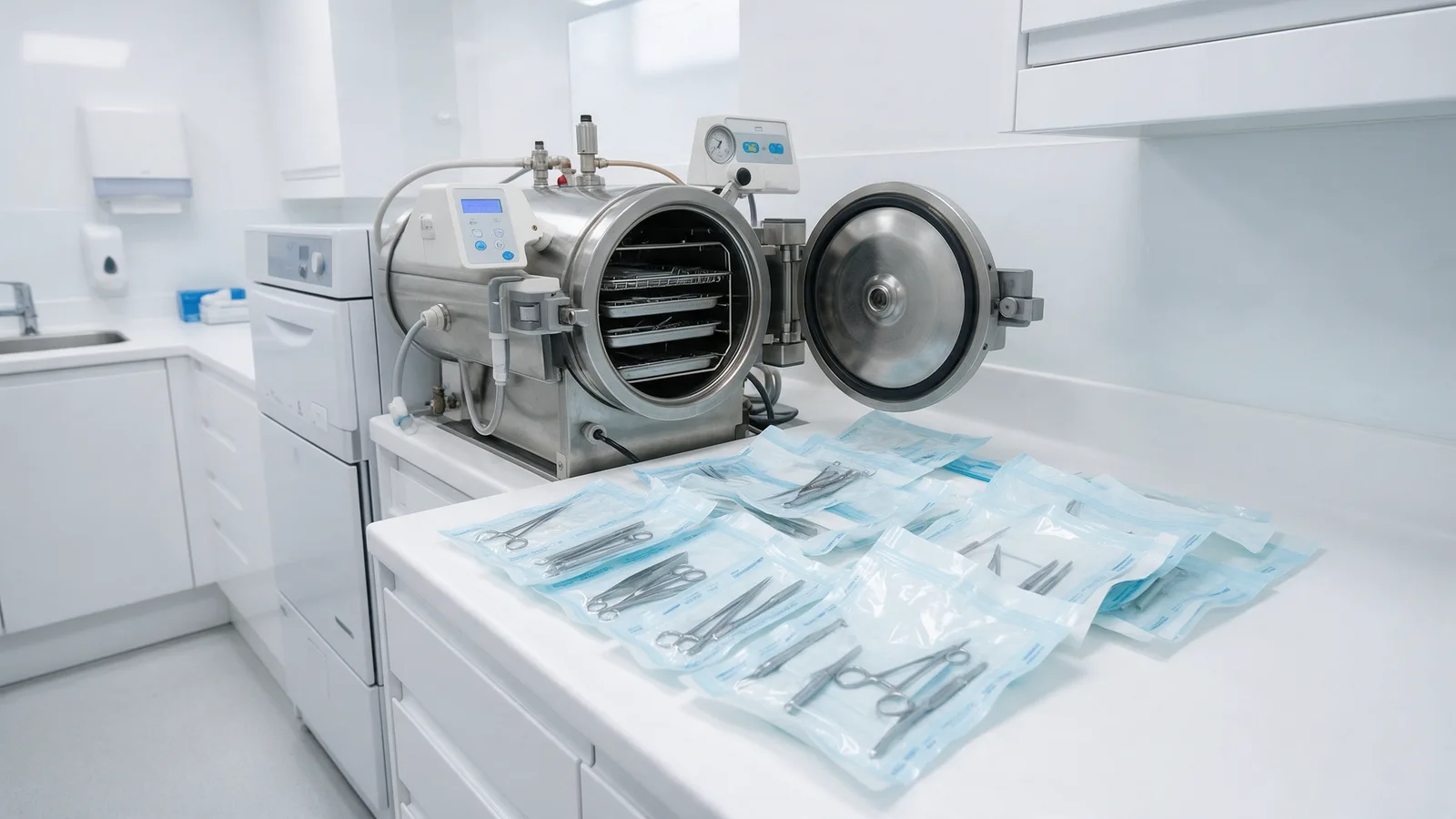 The decontamination room: a steel autoclave, sealed sterilisation pouches and a washer-disinfector