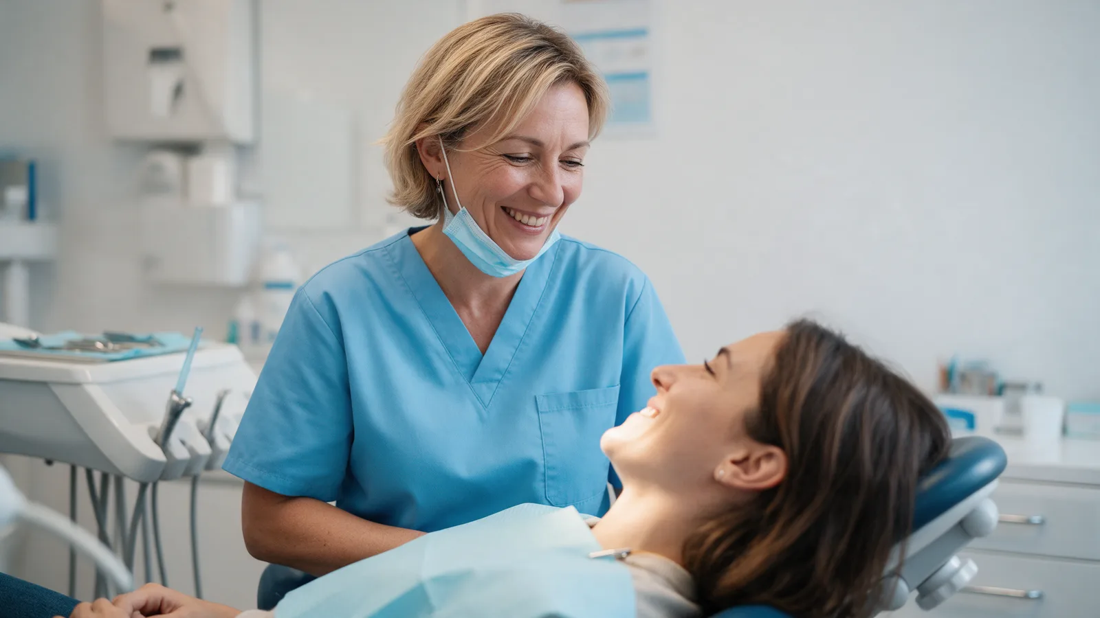 A dentist in sky-blue scrubs talking to a relaxed patient reclined in the dental chair