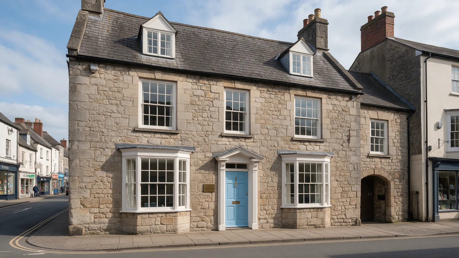 The practice: a Georgian stone townhouse on Cowbridge High Street with a sky-blue front door and a brass plaque
