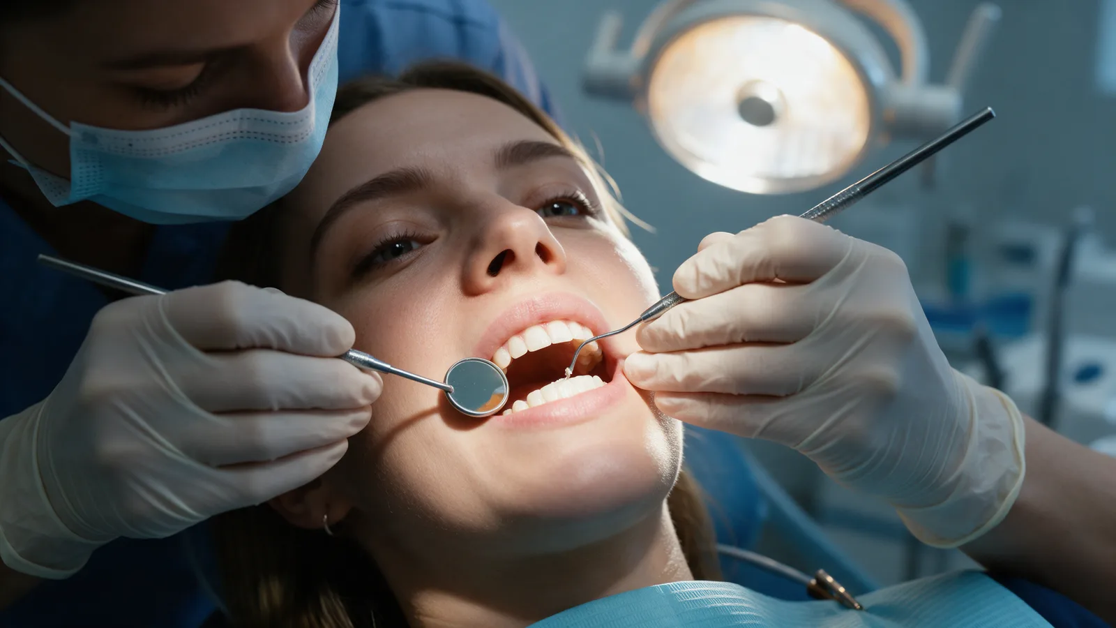 A dental hygienist in gloves using a mirror and scaler to clean a patient's teeth under the surgery light