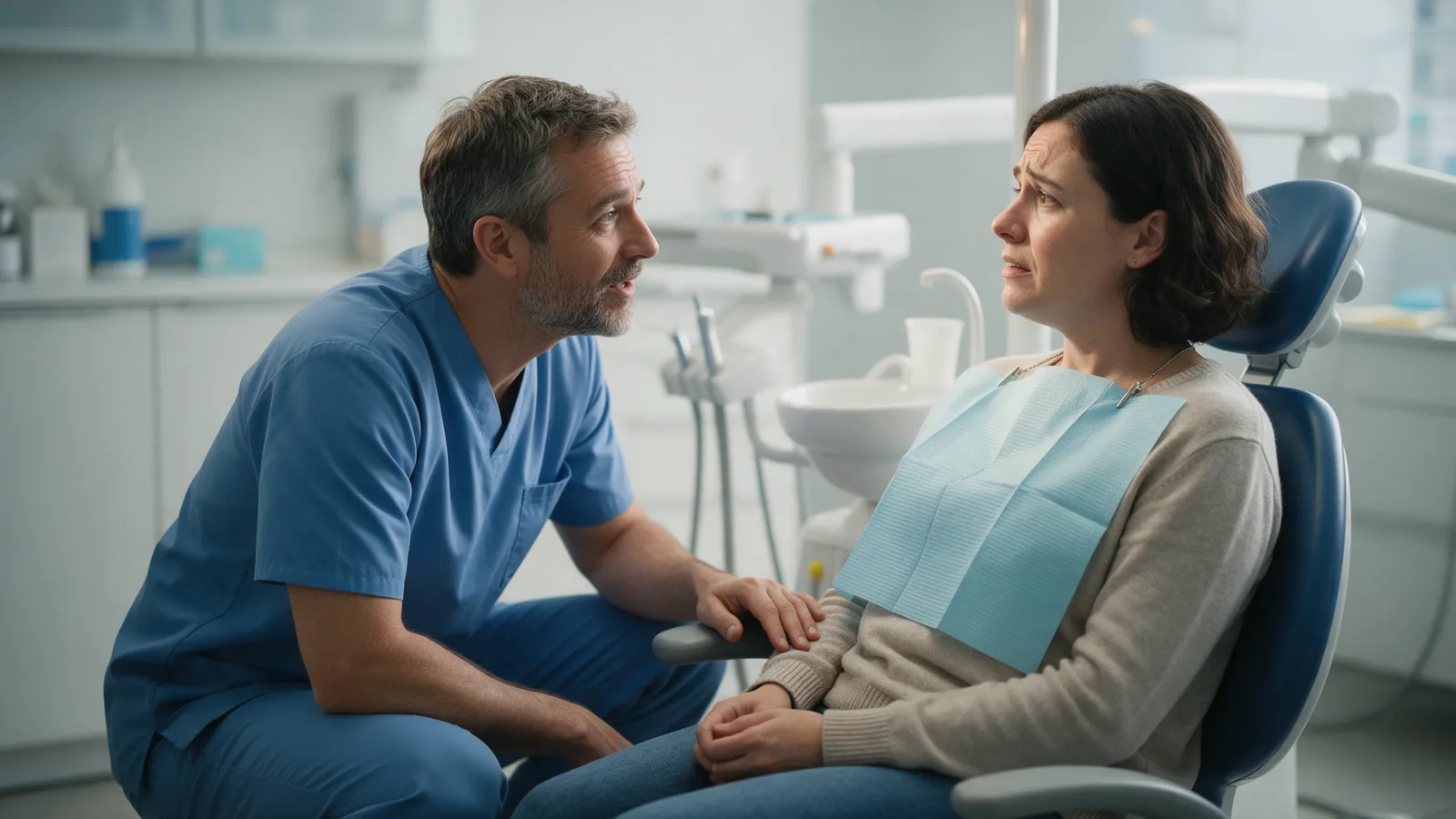 A dentist crouching beside the dental chair to reassure a nervous patient, speaking at eye level with a hand on the armrest