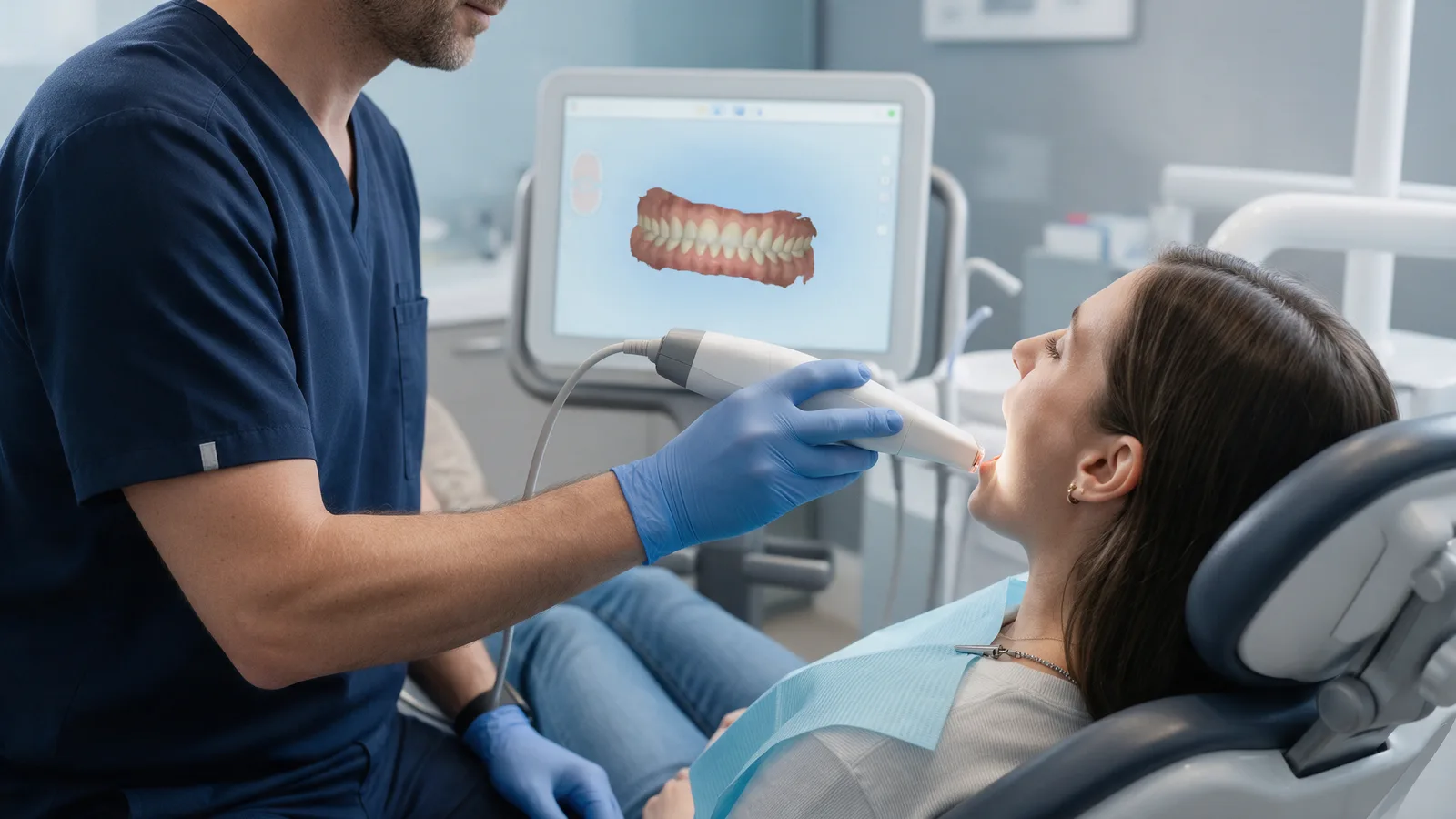 A dentist using a handheld intraoral scanner on a patient while a 3D model of the teeth appears on a monitor