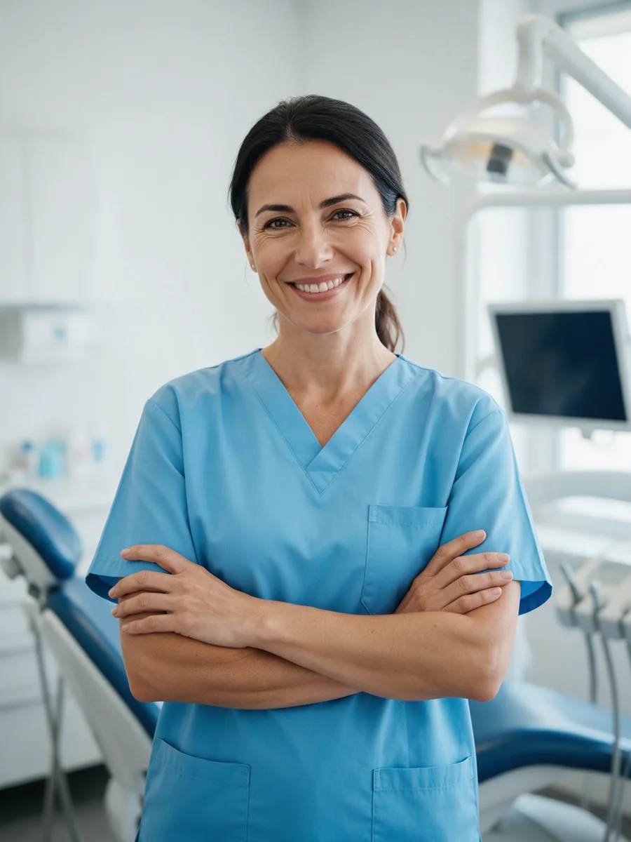 Anna Rees, a dentist in her forties with dark hair tied back, sky-blue scrubs, arms folded in a bright surgery