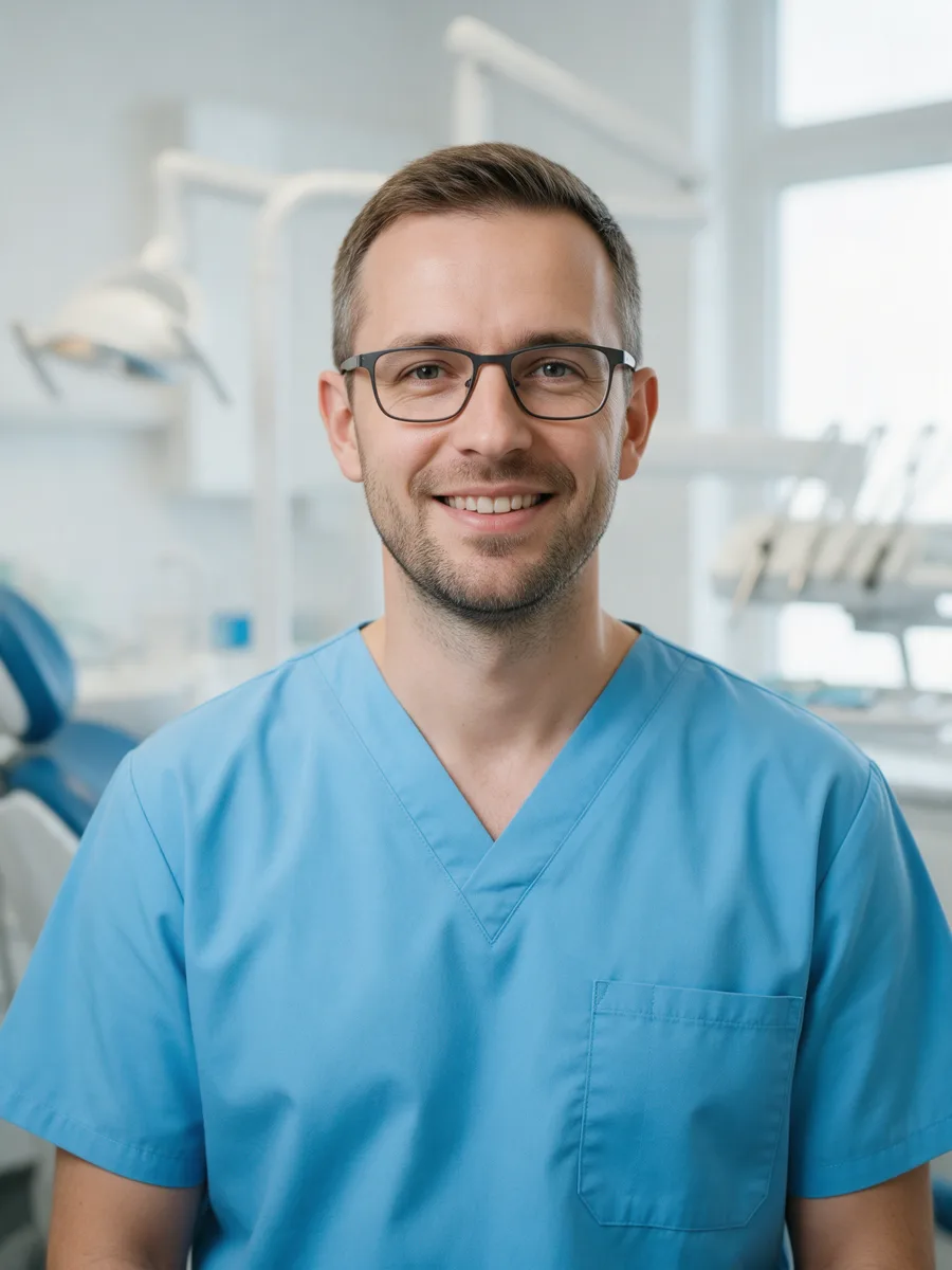 James Morgan, a dentist in his thirties with short hair and glasses, sky-blue scrubs, friendly expression