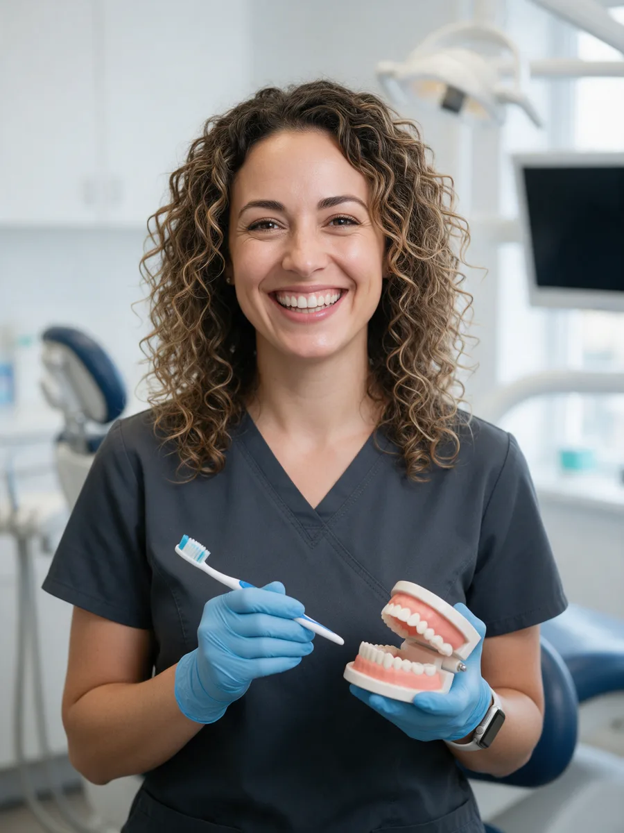 Priya Shah, a dental hygienist in her thirties with curly hair, charcoal scrubs, holding a toothbrush and model teeth
