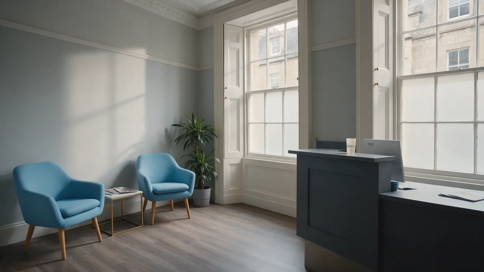 The practice waiting room: sky-blue armchairs, a charcoal reception desk and tall sash windows