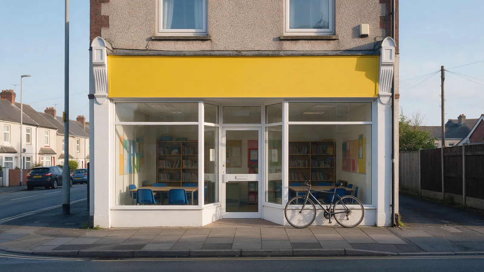 A small tutoring centre on a Cardiff high street with a yellow fascia and big windows showing desks and bookshelves