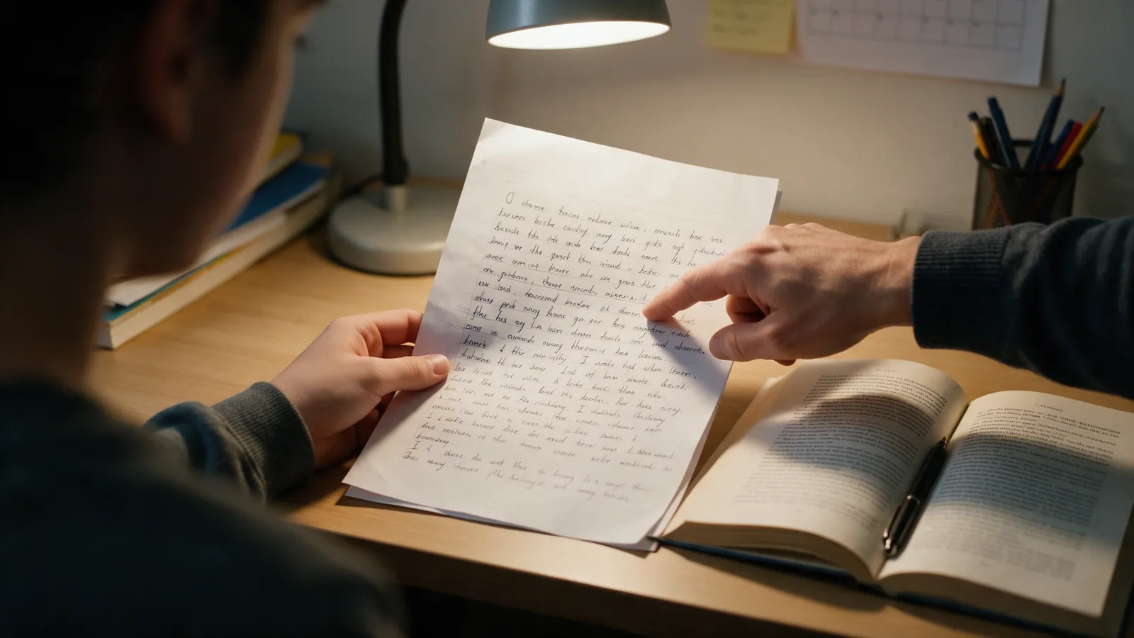 A tutor pointing at a paragraph in a student's handwritten English essay, a novel open beside it