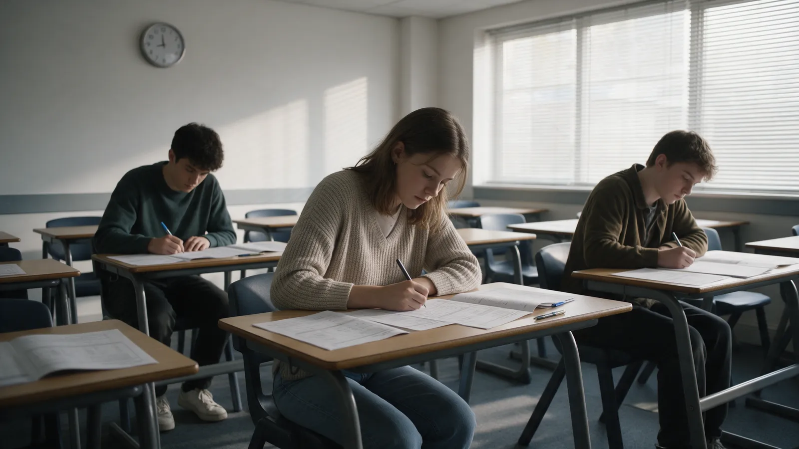 A quiet exam-practice room with rows of single desks and past papers, three students writing in silence