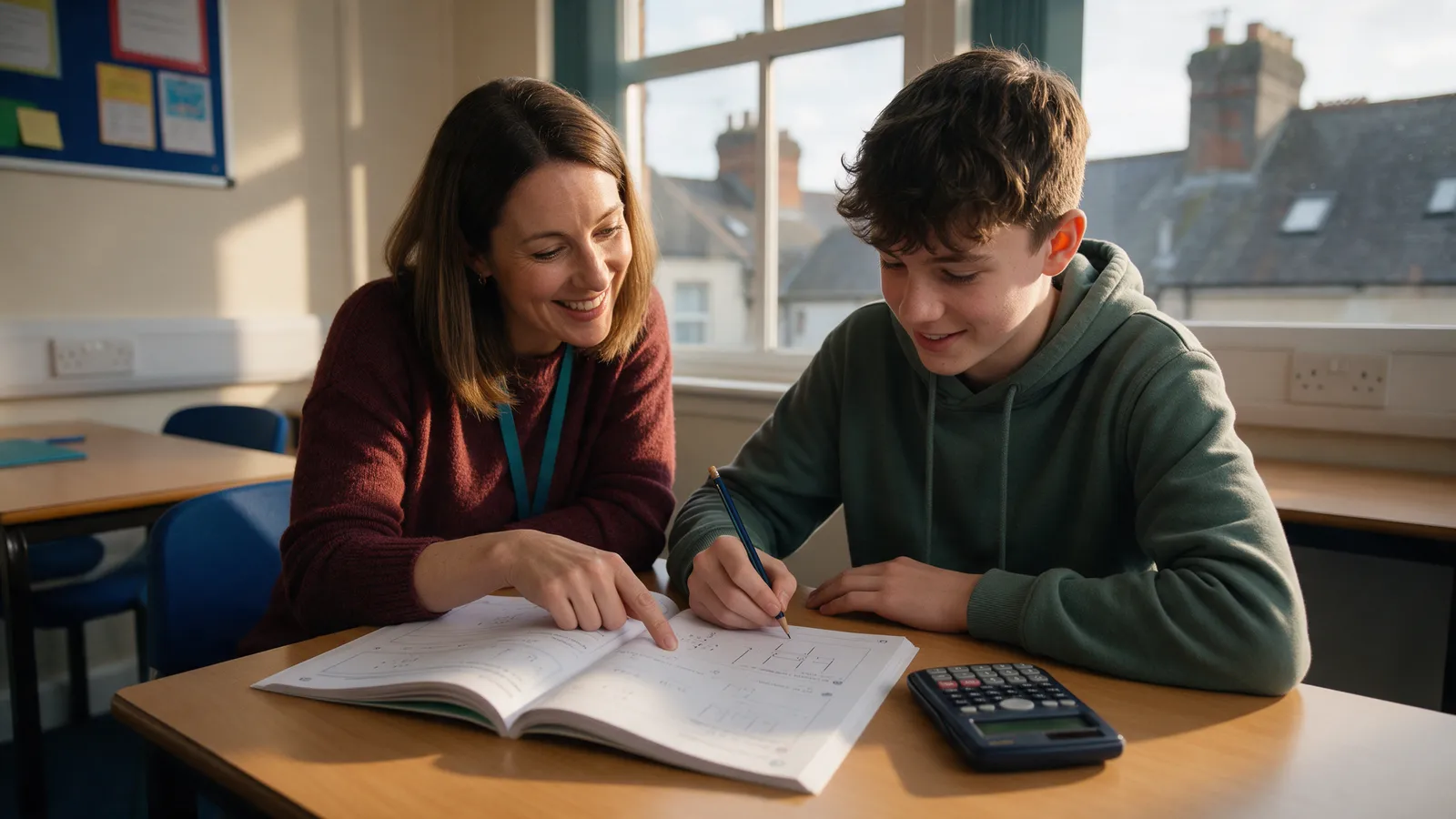 A tutor in her thirties and a teenage student working through maths at a bright wooden desk in a tutoring centre