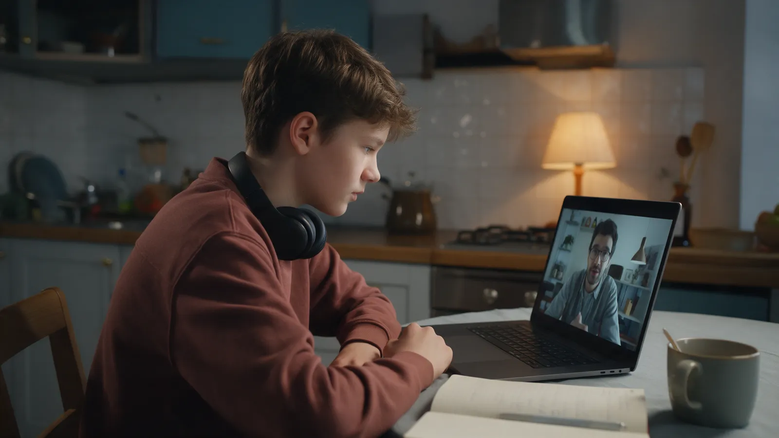 A sixteen-year-old at a kitchen table with a laptop showing a tutor on a video call, a notebook and a mug beside it