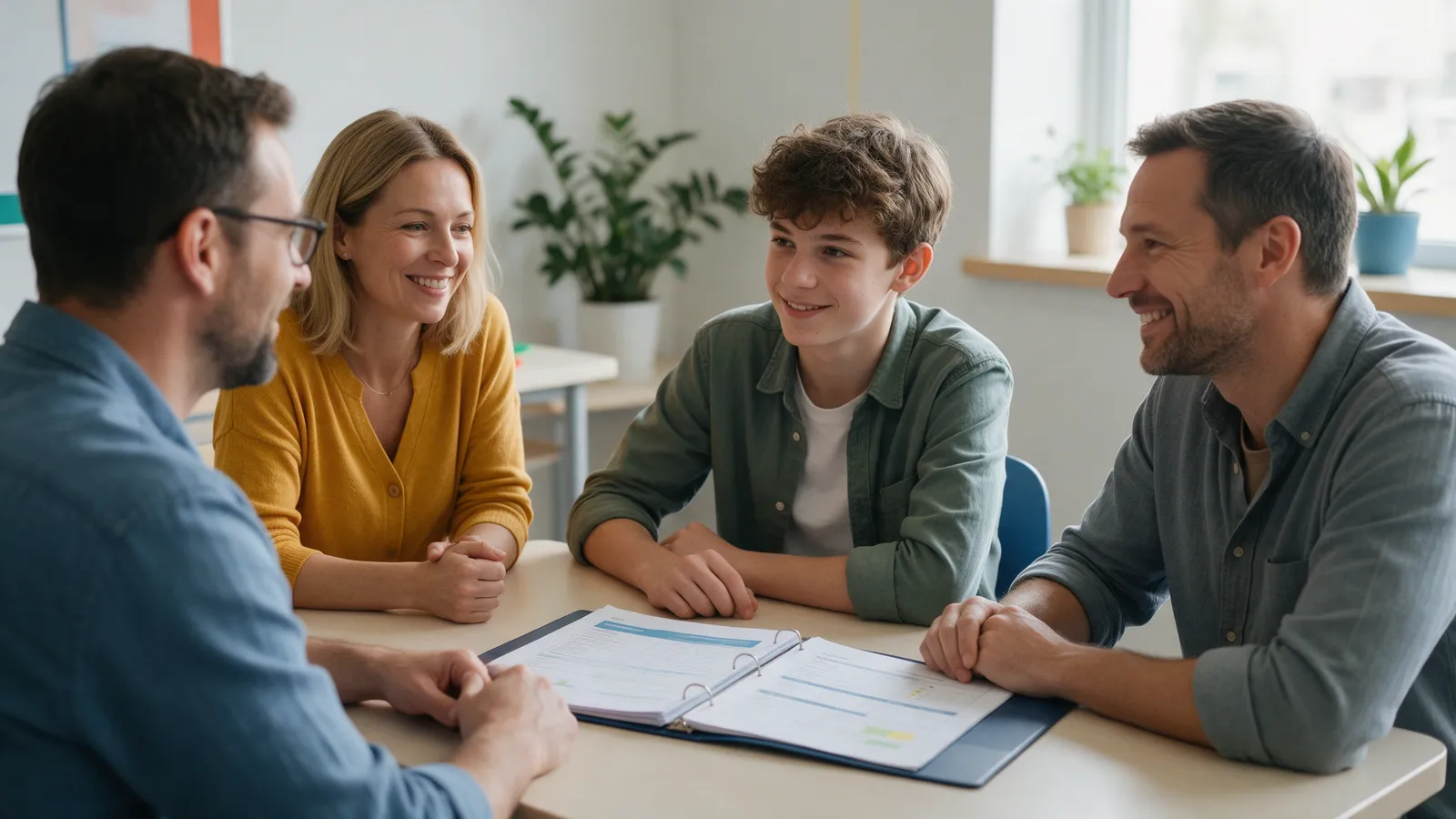 A tutor meeting two parents and their teenage son across a table in a tutoring centre, a progress report folder open