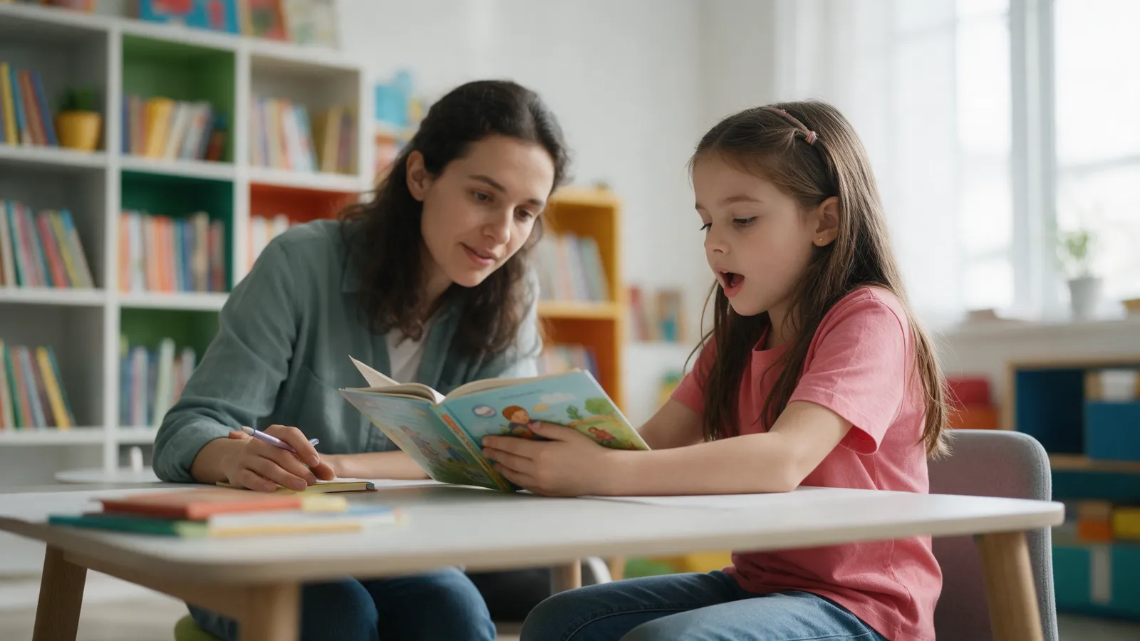 An eight-year-old child reading aloud from a picture book with a patient tutor beside her at a low table