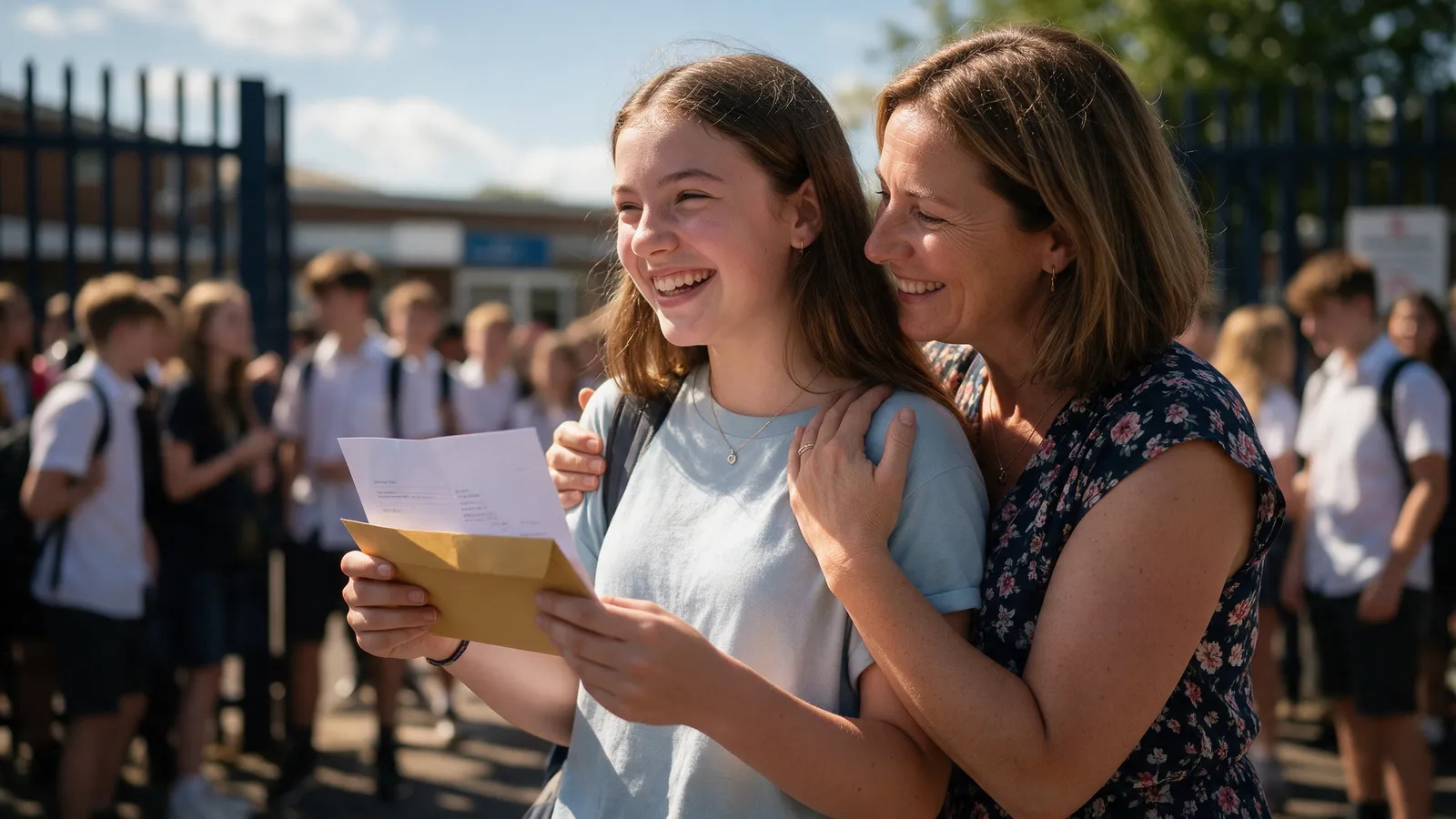 A teenage girl outside a school gate holding an opened results envelope, beaming, her mother hugging her