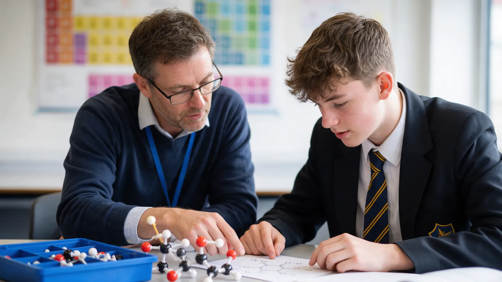 A tutor and an A-level student looking at a molecular model kit and a chemistry diagram at a desk