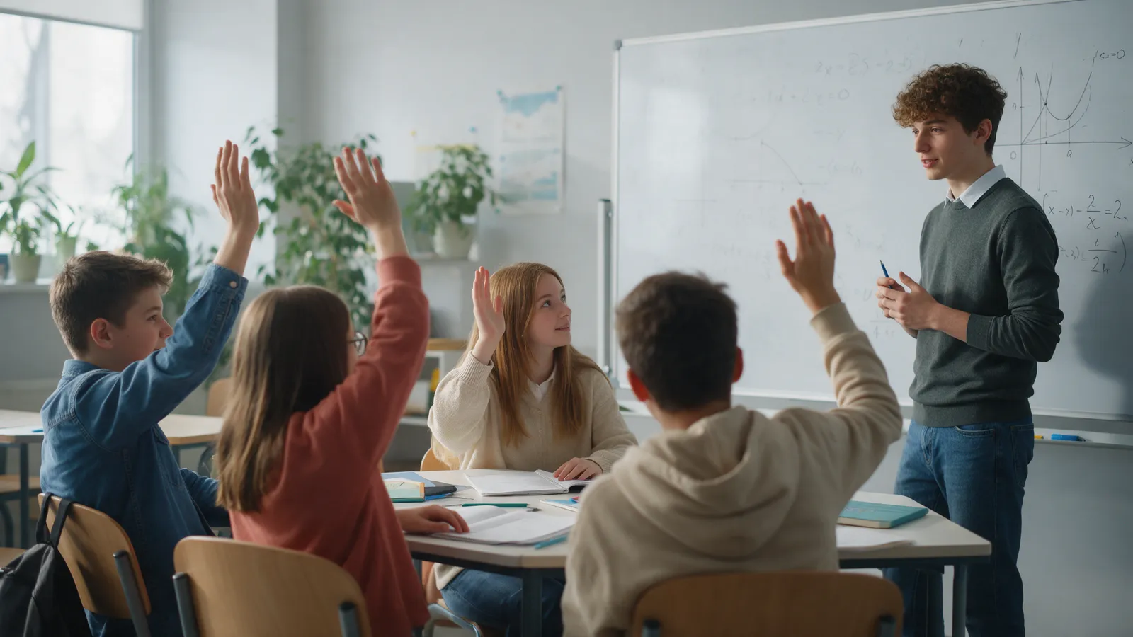 A small group of four secondary-school students around a table with a young tutor at a whiteboard of equations