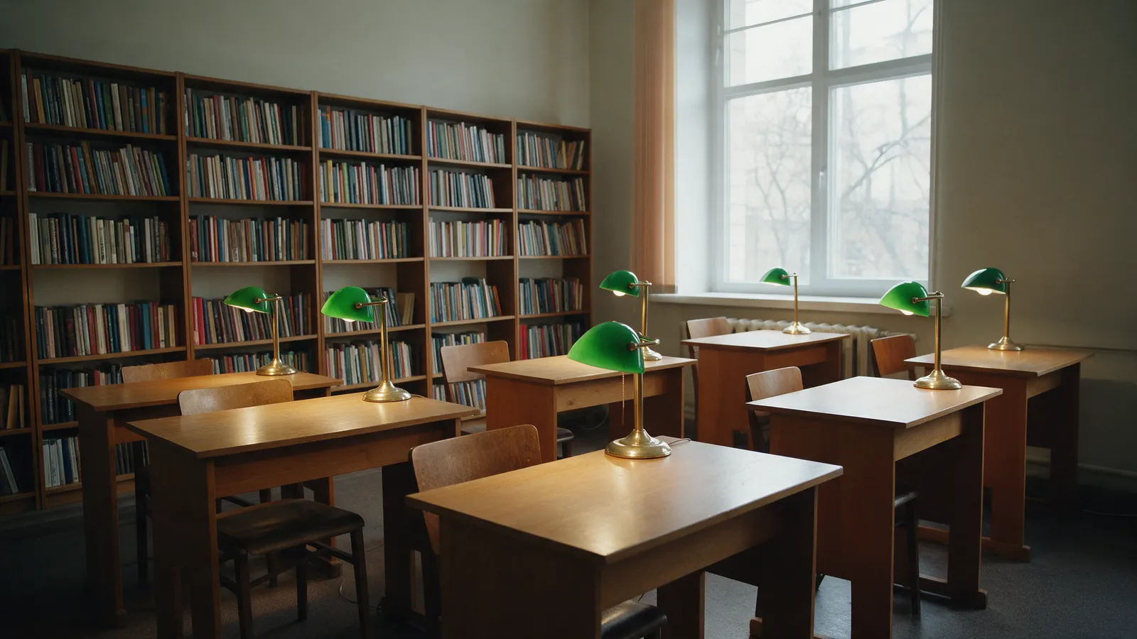 A quiet study room with six wooden desks, green reading lamps and full bookshelves