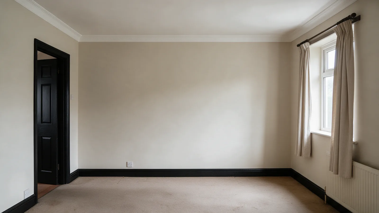The same living room after: smooth walls in a warm oat, white ceiling, soft black woodwork