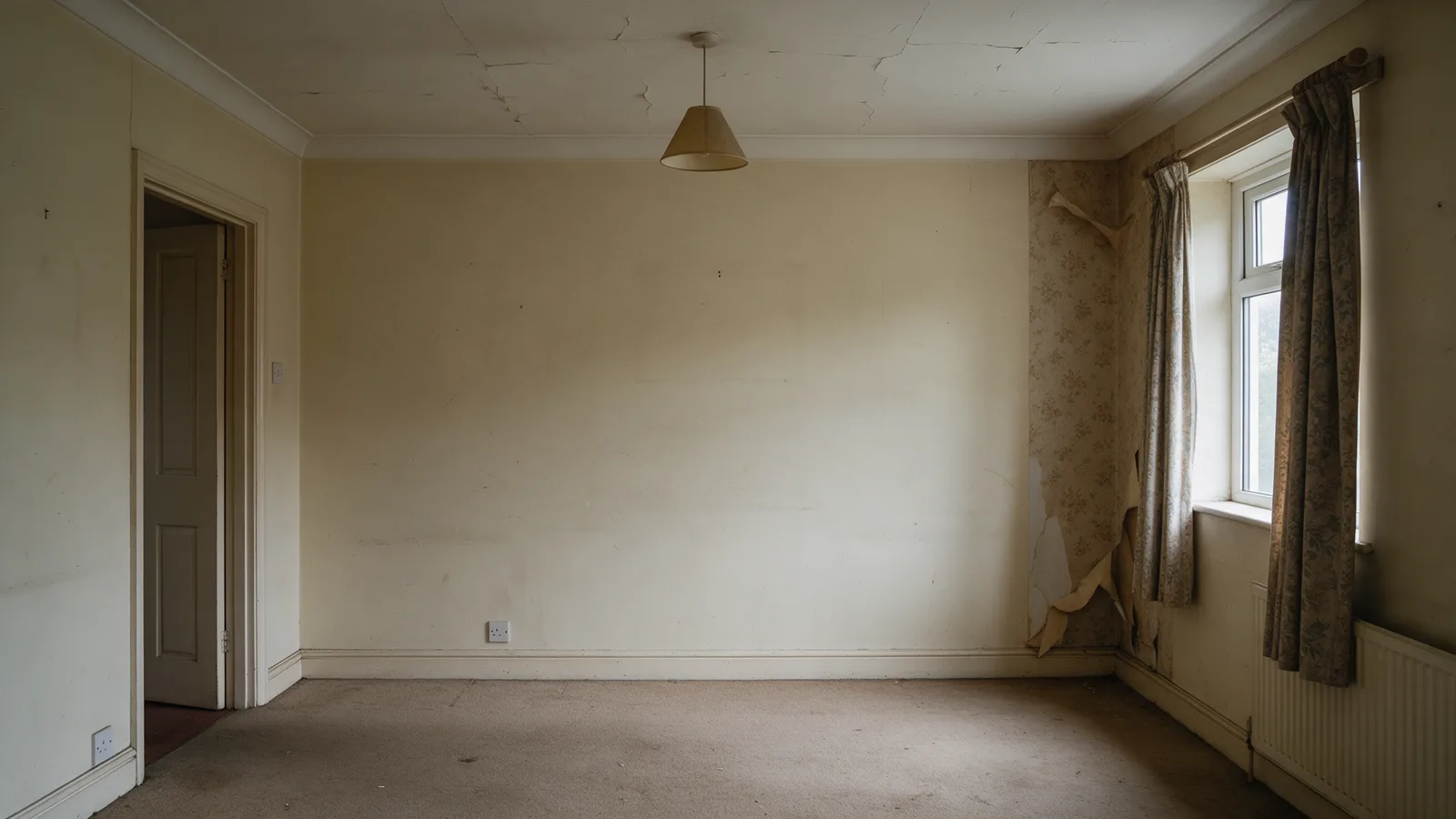 The living room before: faded magnolia walls, cracked ceiling paint and peeling woodchip