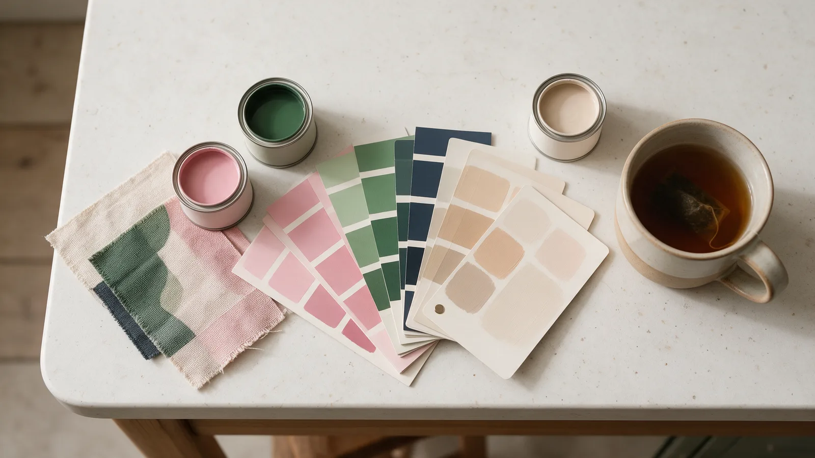 Paint sample pots and painted swatch cards in pinks, greens, navy and neutrals fanned on a kitchen table
