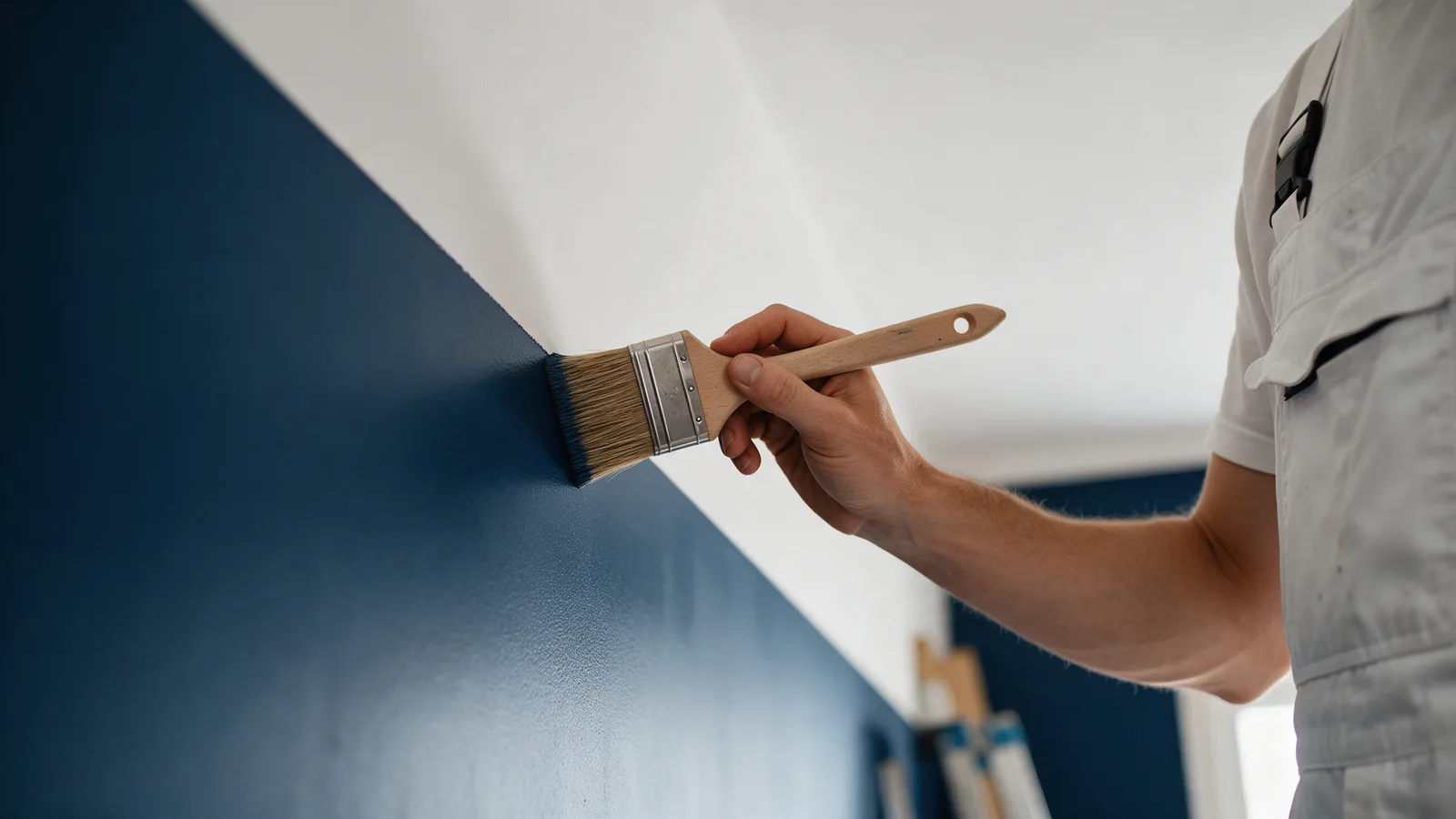 A decorator in white overalls cutting in a navy blue wall against a white ceiling with an angled sash brush