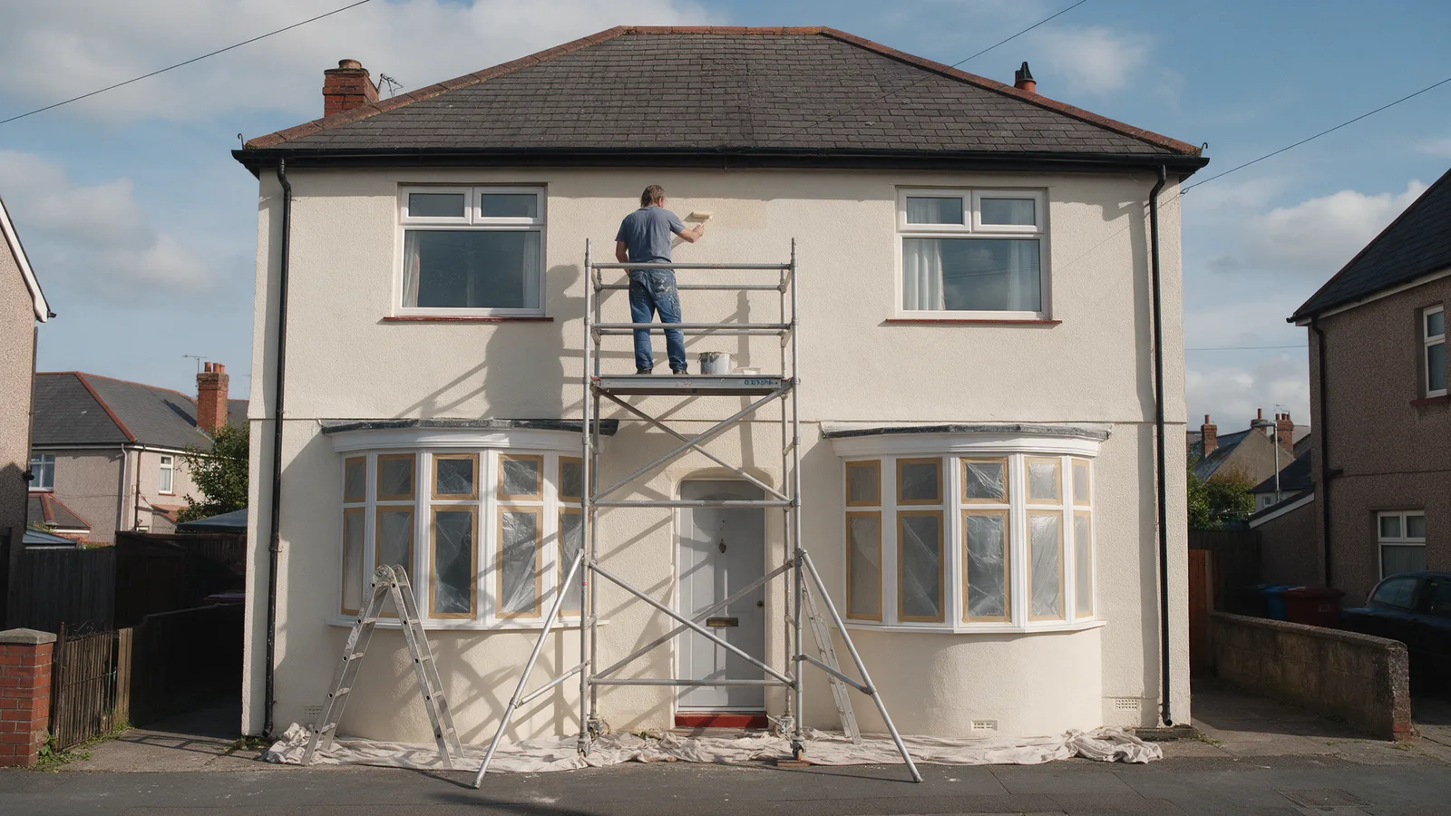 A decorator on a tower scaffold painting the rendered front of a 1930s semi-detached house in warm off-white