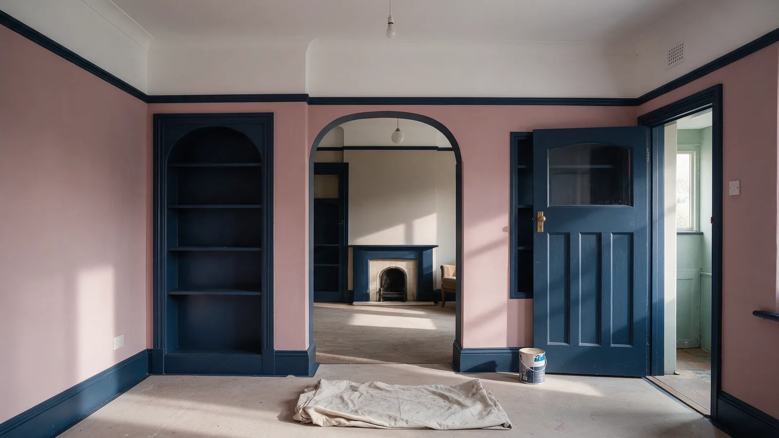 A freshly decorated living room in a 1930s semi with soft pink walls, a navy alcove and woodwork and a white ceiling