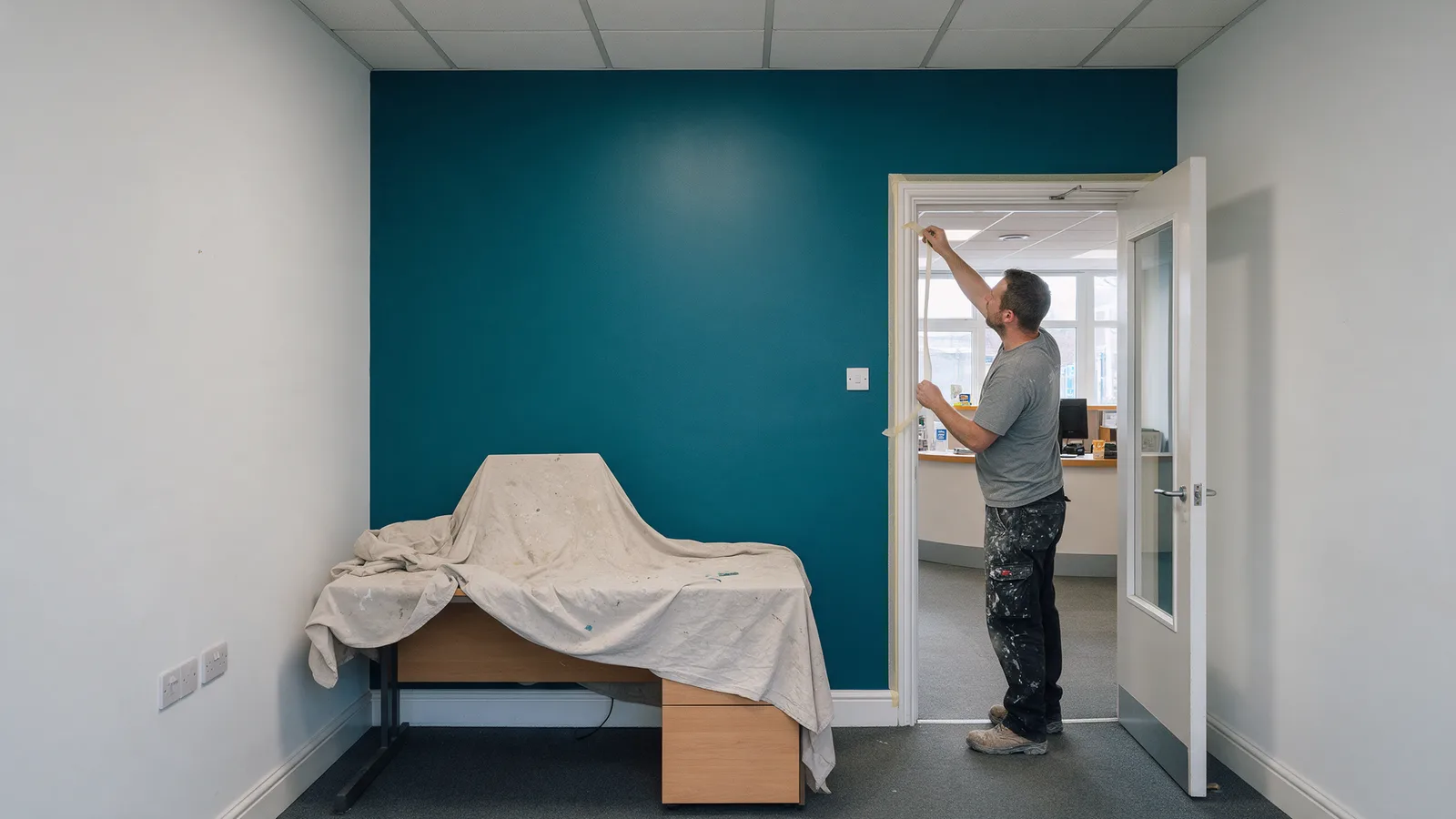 A freshly painted office reception with a deep teal feature wall, a decorator removing masking tape from a door frame