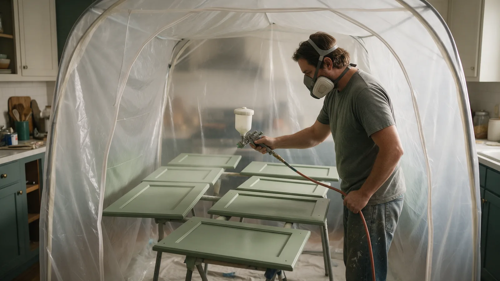 Kitchen cabinet doors being spray painted sage green on racks inside a plastic spray tent in a kitchen