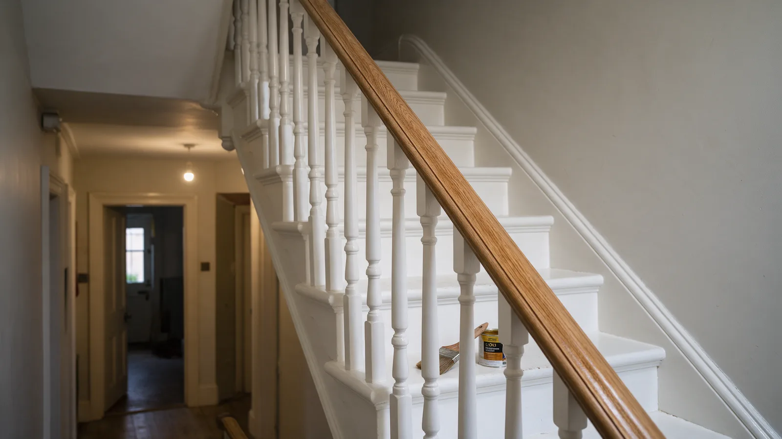 A Victorian staircase with freshly painted white spindles and risers and a stripped and oiled oak handrail