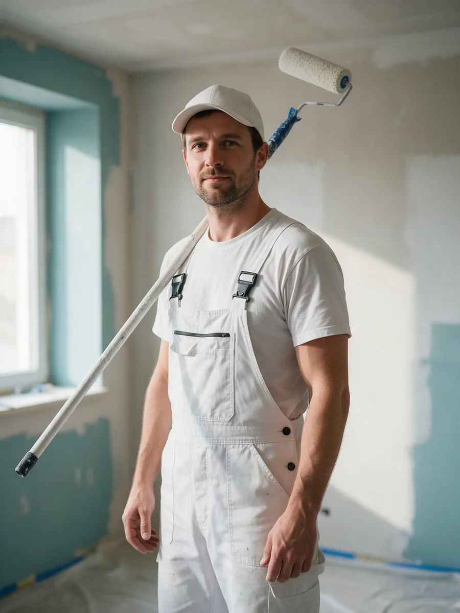 Dan Pritchard in white overalls and a cap with a roller on a pole over his shoulder