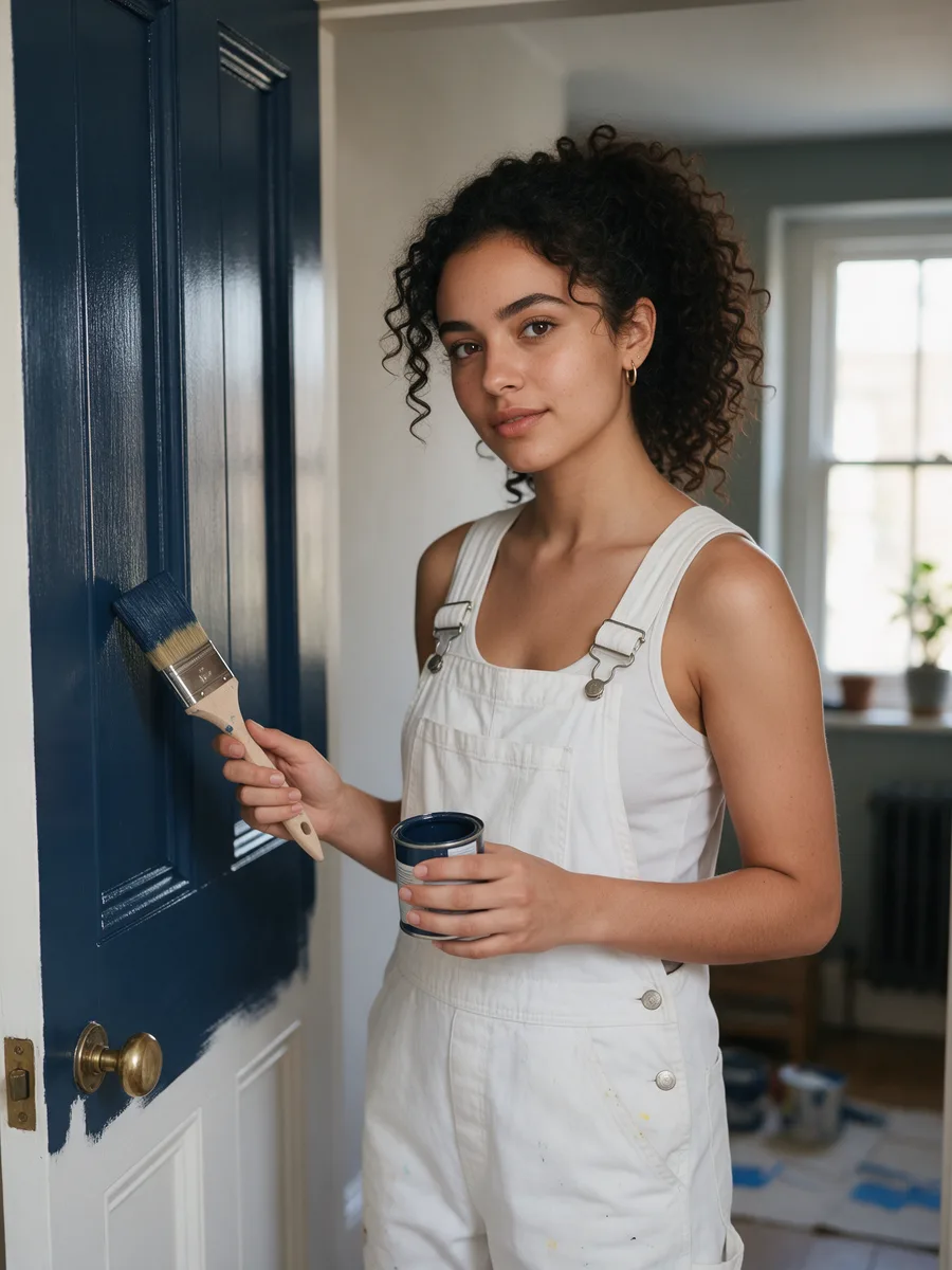 Mia Carter holding a sash brush and a tin of navy paint by a freshly painted door