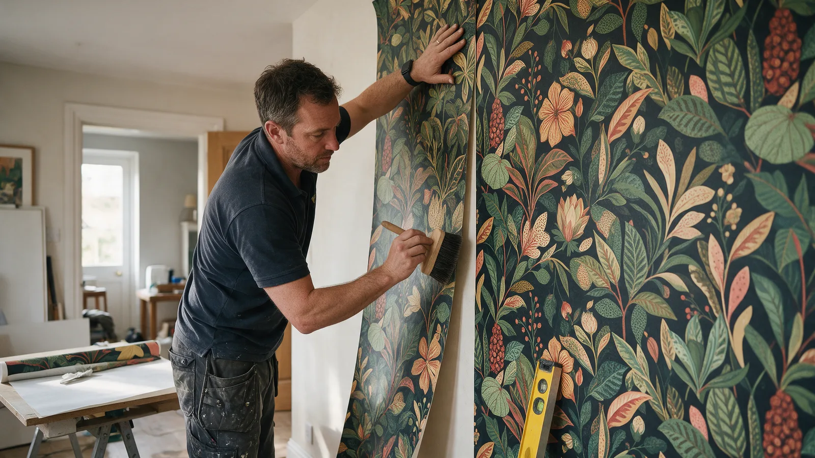 A decorator hanging a bold botanical patterned wallpaper on a feature wall and smoothing the drop with a brush