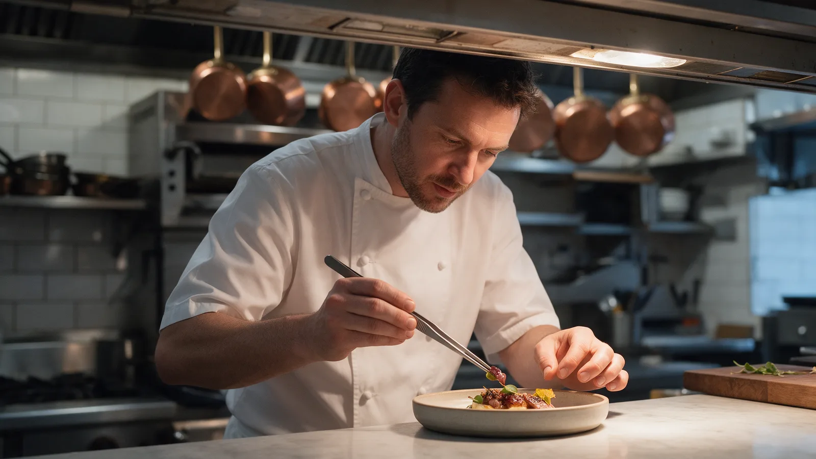 A chef in whites plating a dish at the pass of a small open kitchen with copper pans behind