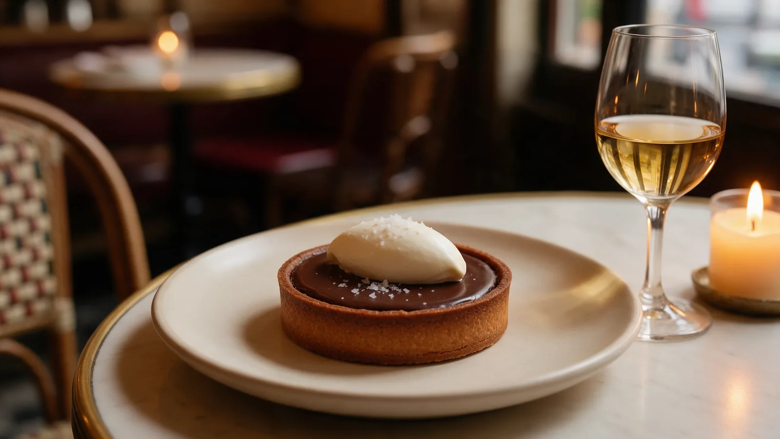 A dark chocolate tart with a quenelle of crème fraîche and sea salt beside a glass of dessert wine