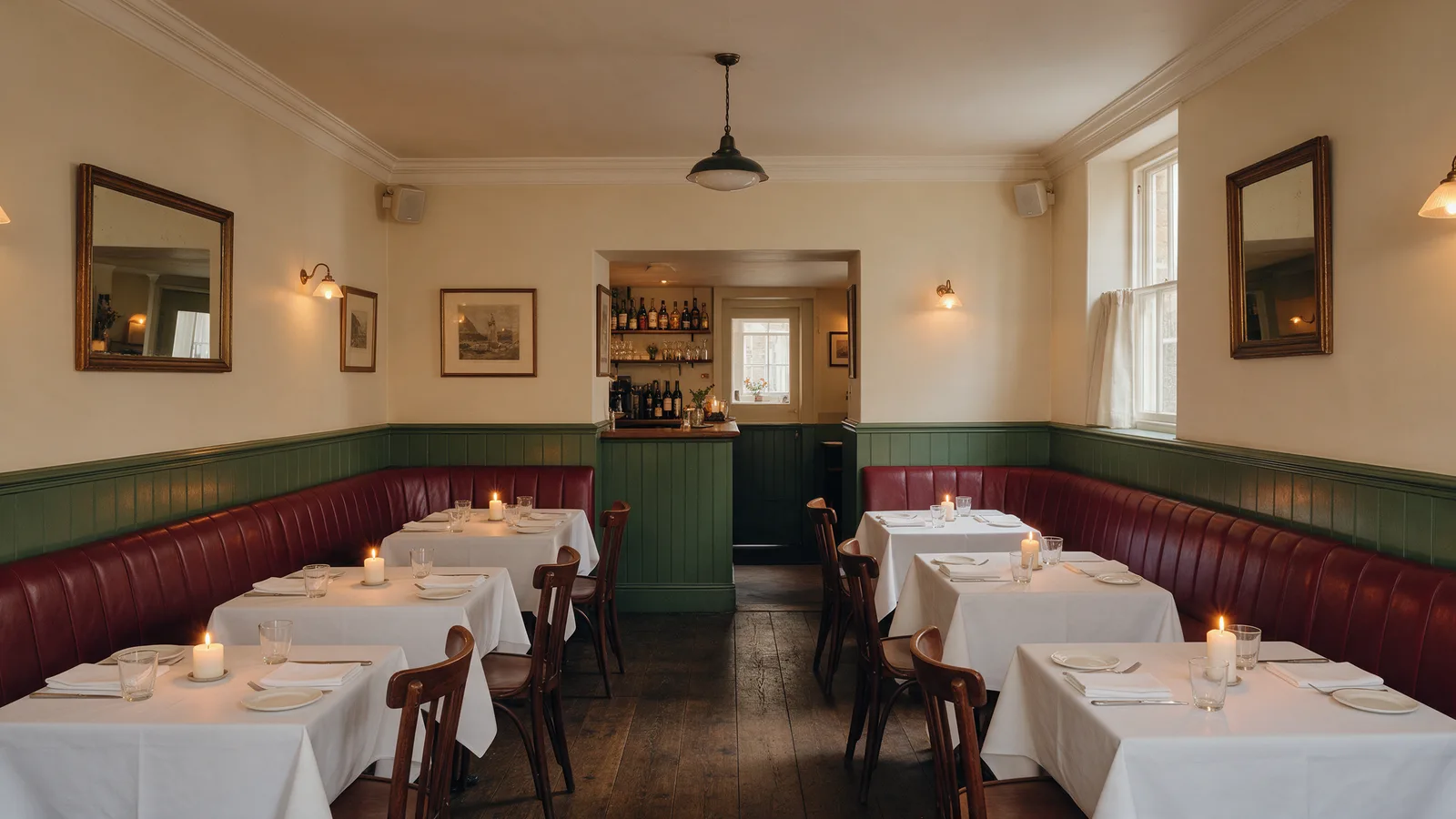 The bistro dining room in a Georgian townhouse: cream walls, forest-green panelling, burgundy leather banquettes, white tablecloths and candlelight