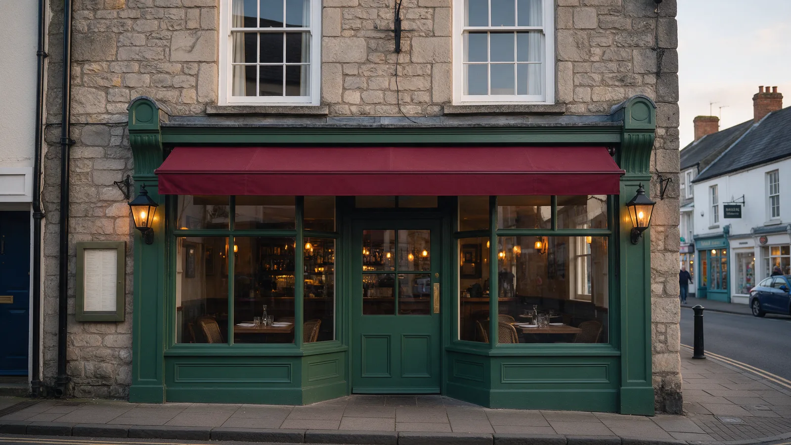 The bistro: a Georgian stone townhouse on the High Street with a forest-green frontage, a burgundy awning and lanterns lit at dusk