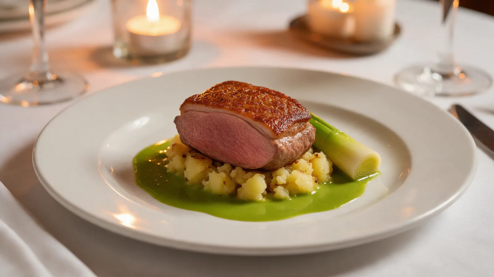 Pan-roasted Welsh lamb rump, pink, with crushed potatoes, leek and a green sauce on a white tablecloth by candlelight