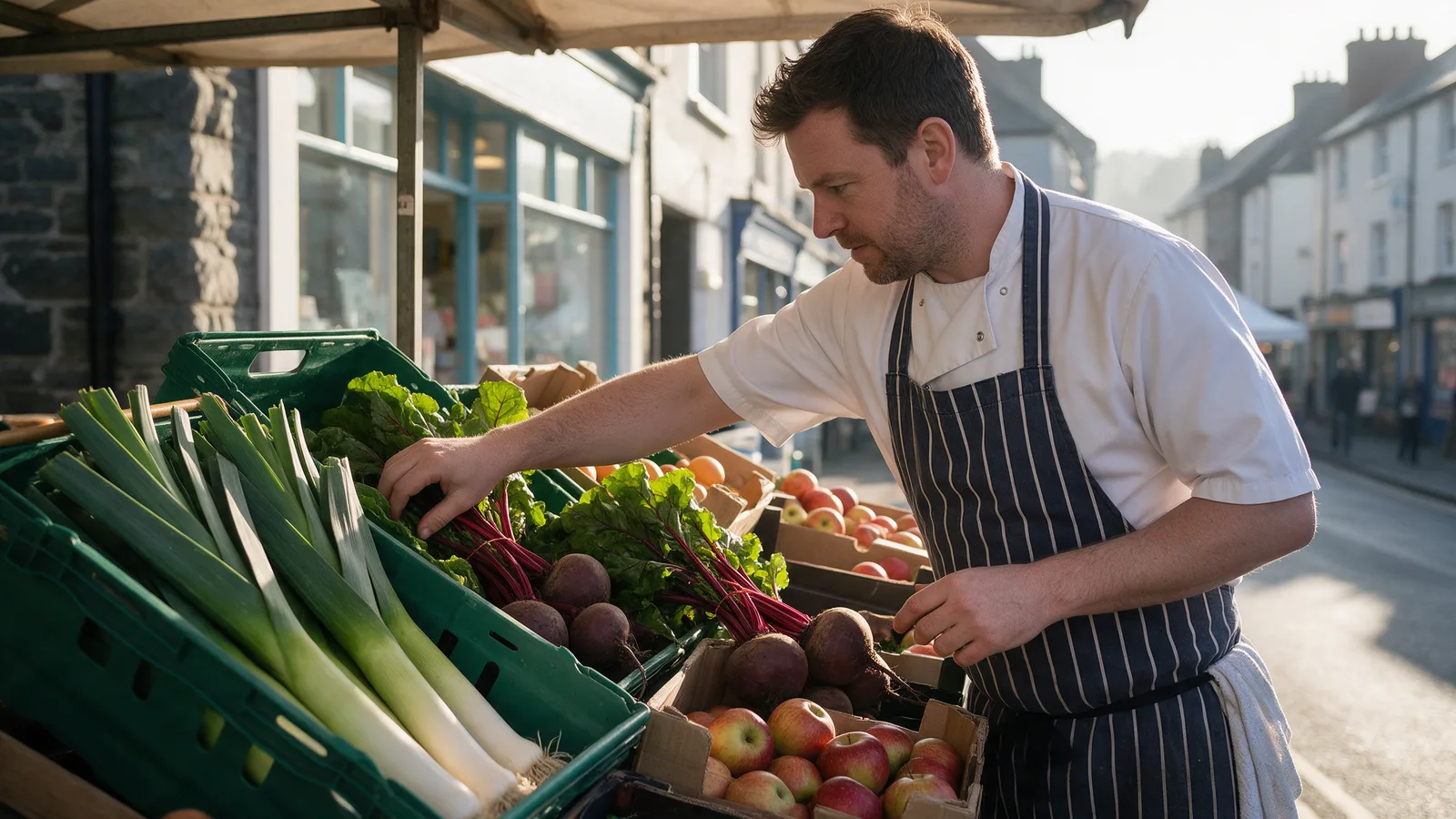 A chef at a market stall choosing vegetables from crates of leeks, beetroot and apples on a Welsh market town street