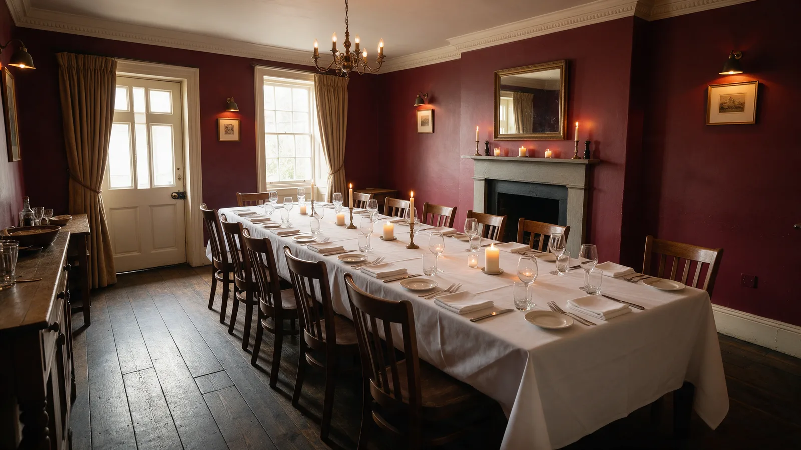 A private dining room: a long table for twelve set with white linen and candles, burgundy walls and a fireplace