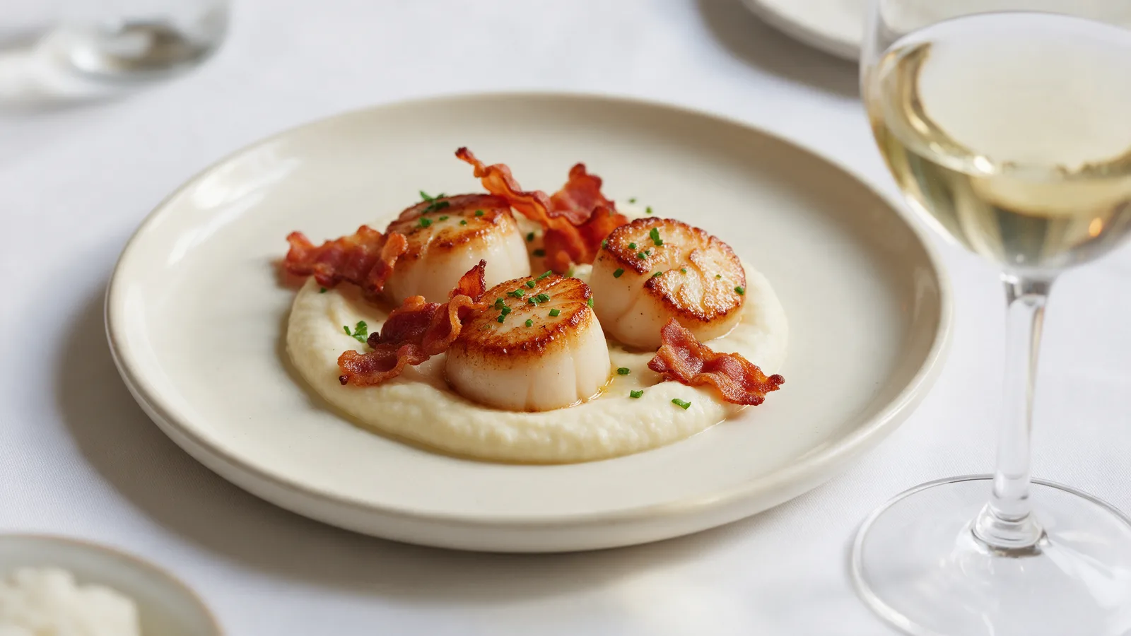 A plate of hand-dived scallops with cauliflower purée and crispy bacon on a cream plate beside a glass of white wine