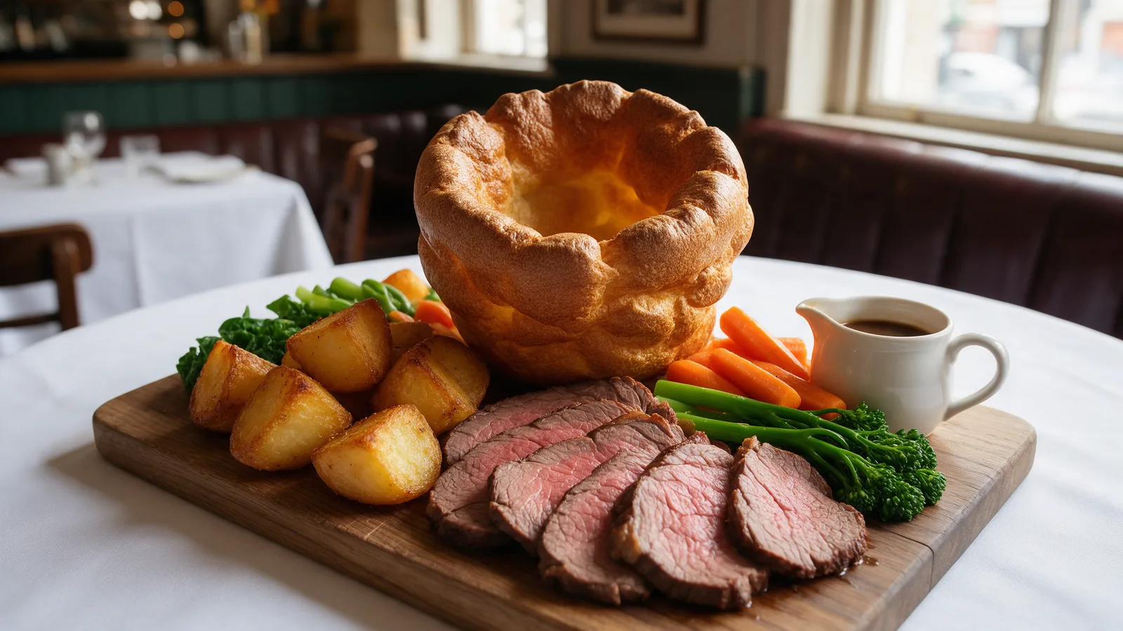 A Sunday roast: sliced beef, a tall Yorkshire pudding, roast potatoes, carrots, greens and a jug of gravy on a wooden board