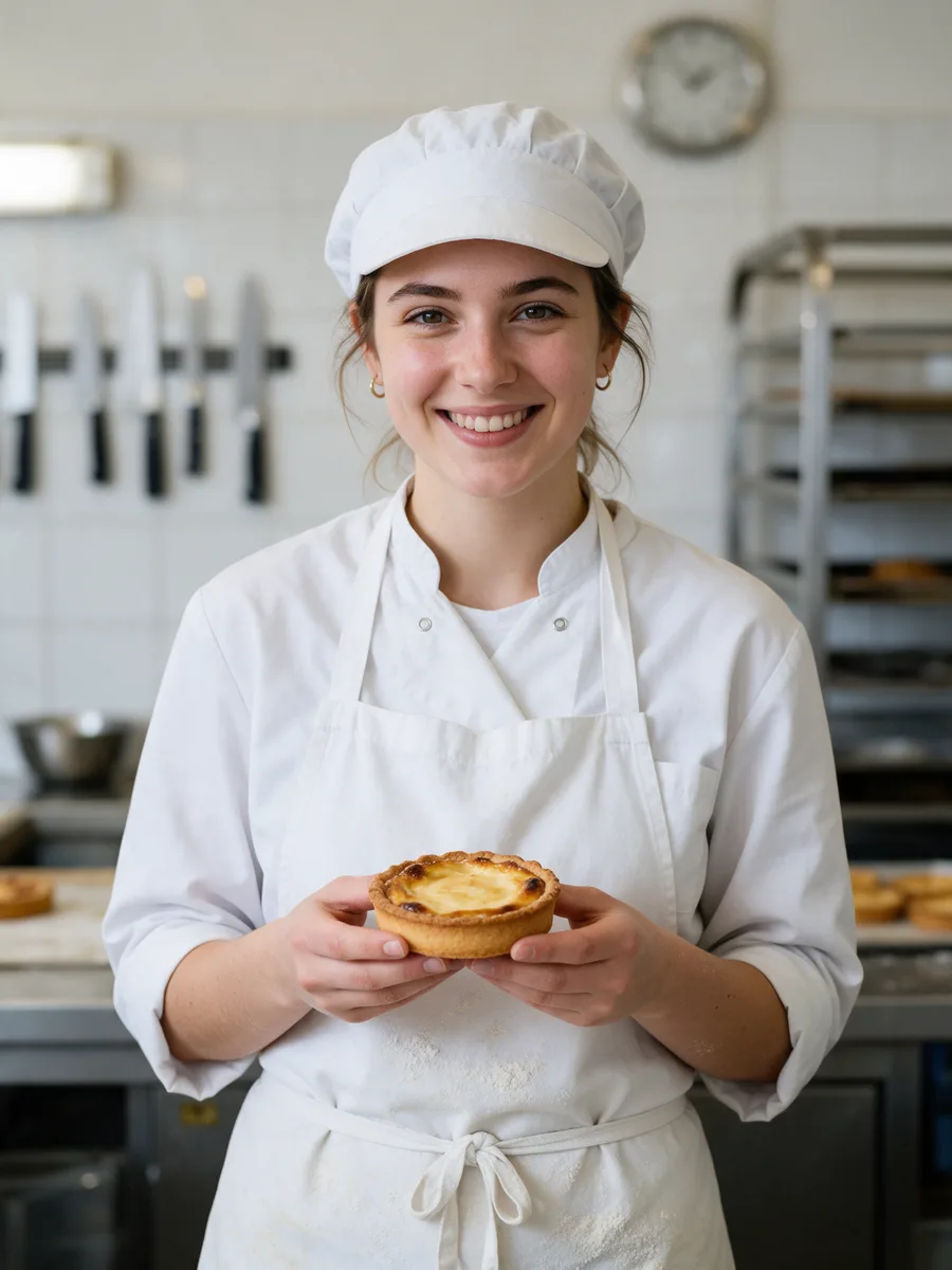 Lowri Bevan, a young pastry chef in whites with flour on her apron, holding a tart and smiling
