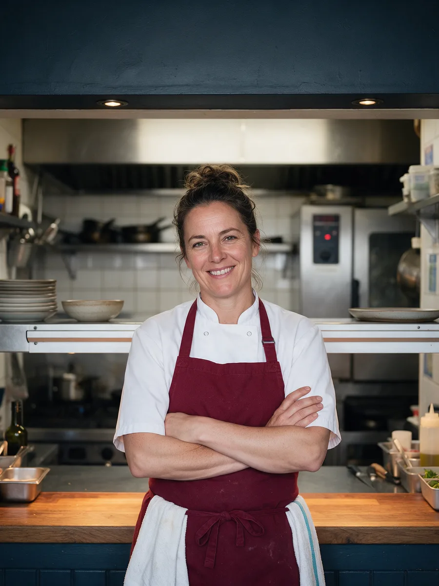 Sioned Harris, a chef-owner in her forties in whites with a burgundy apron, arms folded at the pass of a small kitchen
