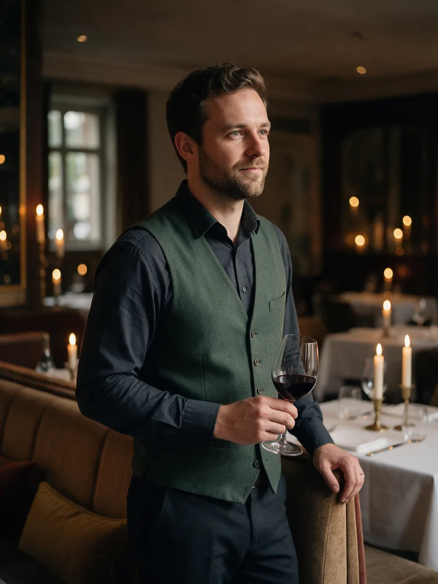 Tom Reynolds, a restaurant manager in his thirties in a dark shirt and green waistcoat, holding a wine glass by a banquette