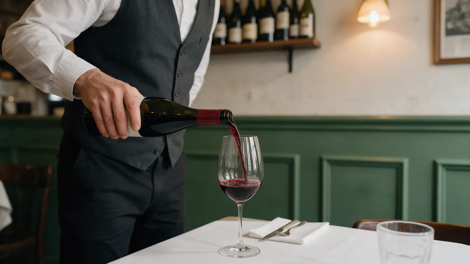 A sommelier pouring red wine into a glass at a table, bottles on a shelf behind, forest-green panelling