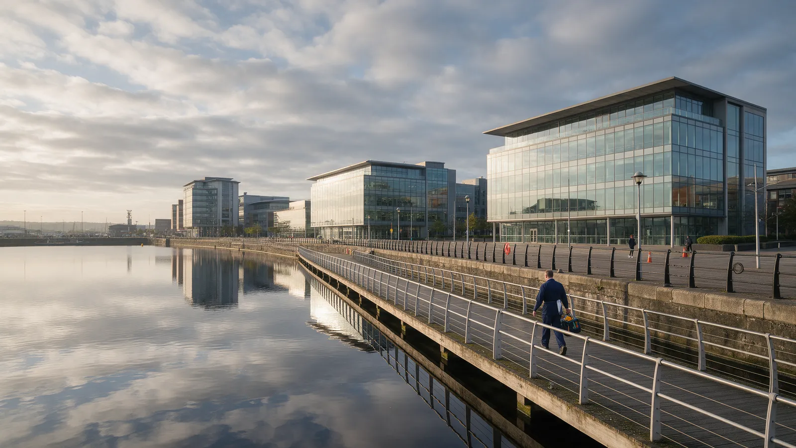 Modern glass office buildings and a waterfront promenade in Cardiff Bay at early morning, a cleaner in a navy tunic walking along the boardwalk with a kit bag