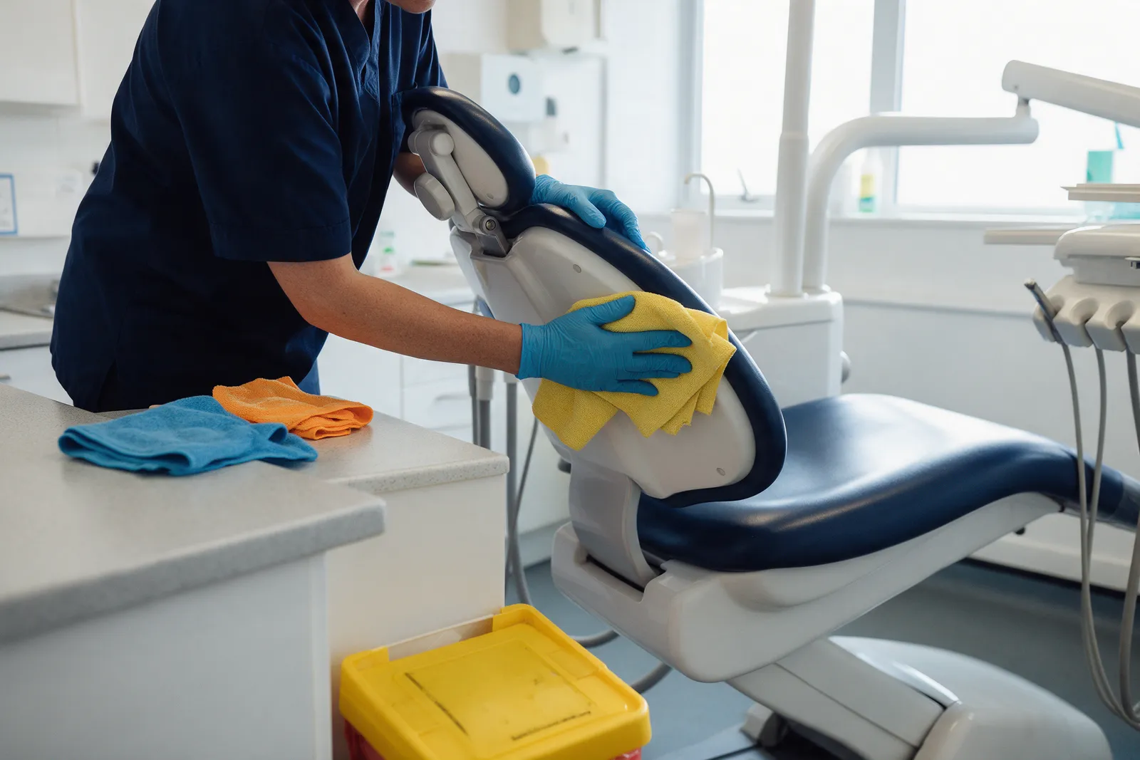 A cleaner in a navy tunic and gloves wiping down a dental treatment chair and worktops in a bright clinical surgery room, colour-coded cloths and a clinical waste bin