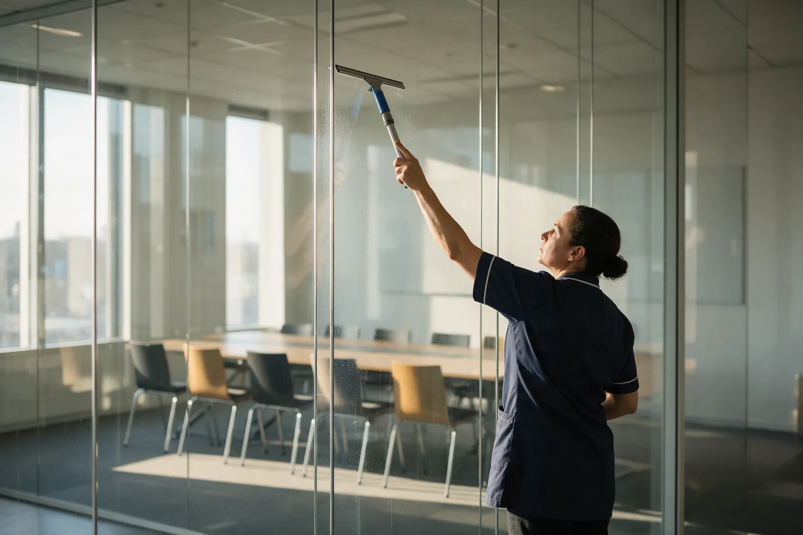 A cleaner squeegeeing a tall glass partition wall in a modern office meeting room